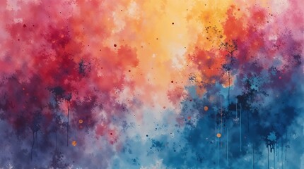 Fototapeta premium Abstract watercolor forest with vibrant red, blue, and orange hues