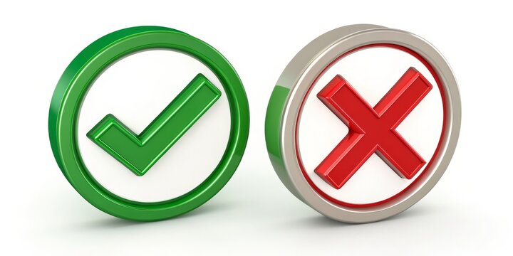 3D Rendered Green Checkmark and Red Cross in Circular Buttons, Choice, Decision,YesNo Decision making, UI design