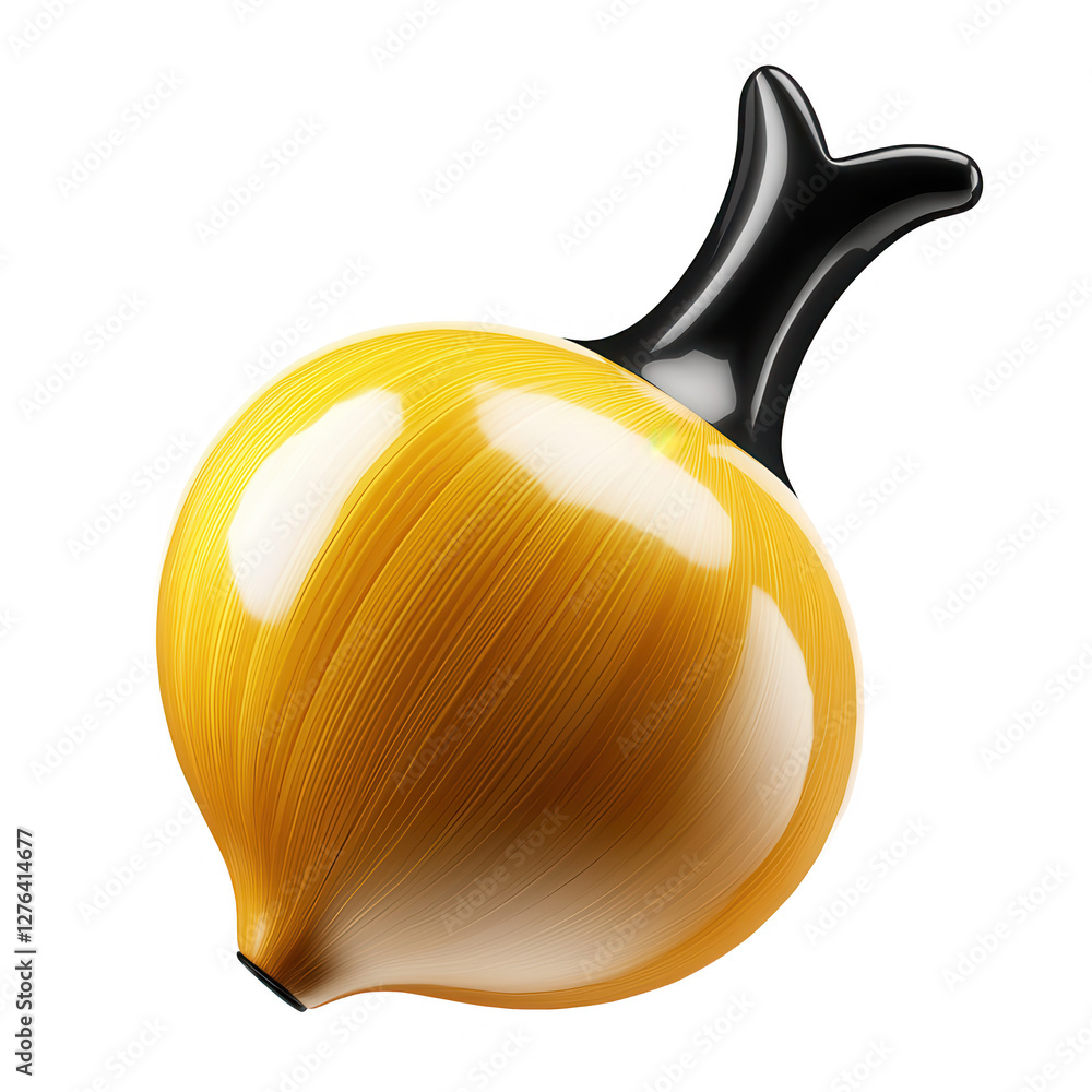 Poster a realistically rendered 3d model of a yellow onion with a smooth, shiny surface and a distinctive b