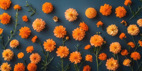Flat lay arrangement of various orange flowers on deep blue background with green stems and foliage