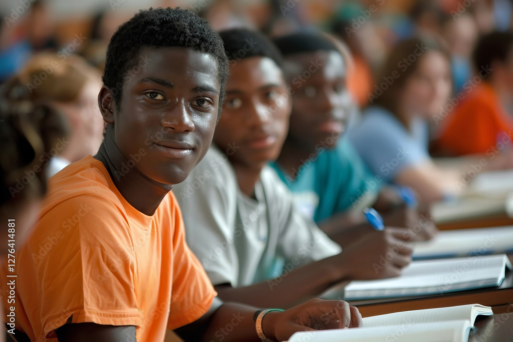 Poster diverse college students engaging in a lecture, diligently studying with laptops in a classroom sett