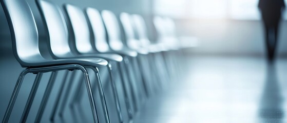 A row of modern, metallic chairs arranged in a waiting area, featuring a sleek design and soft lighting
