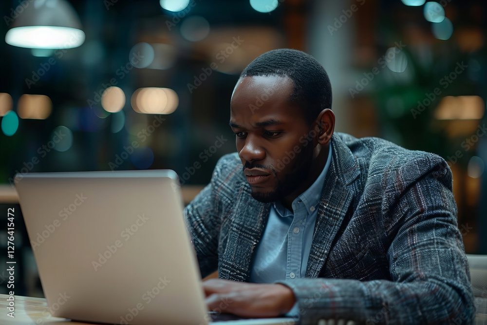 Poster confident african american man typing on laptop for tech-themed photoshoot on transparent background