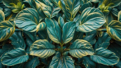 Green foliage of large textured leaves with prominent veins and varying shades, top view of a lush plant background.
