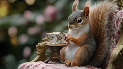 Obraz premium A squirrel sitting on a tiny chair, holding a cup of tea with a fancy pinky up.