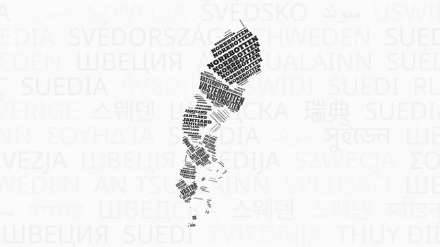 Sweden intro animation. Country with regions illustration video. Background with country names in various languages. Regions of Sweden animation. Modern video.