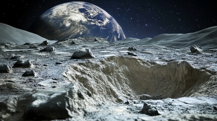 Massive lunar crater with Earth in the distance, illustrating cosmic collisions and celestial dynamics.
