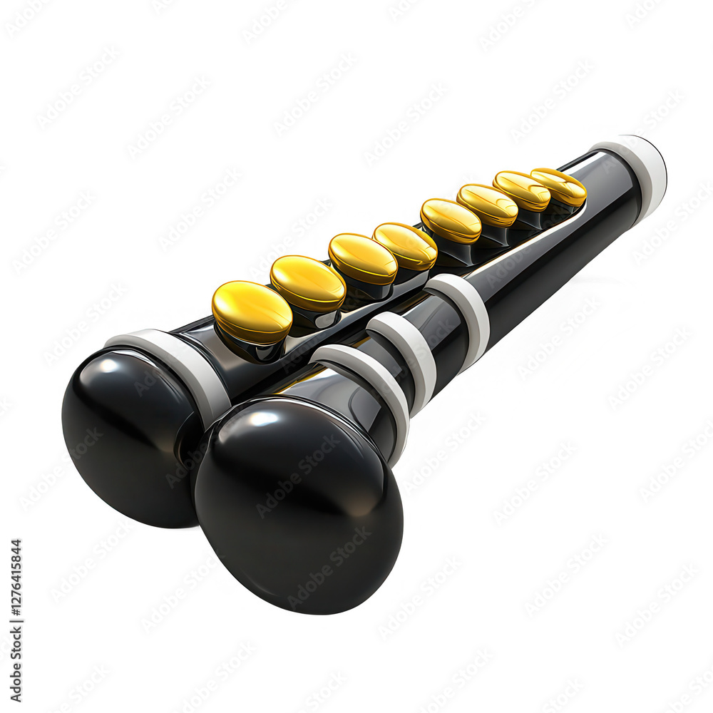Poster a detailed 3d rendering of a black clarinet with golden keys, showcasing its design and features.