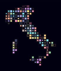 Italy, shape of the country built of colored cells. Digital style map of Italy on a dark background. Large size square blocks. Classy vector illustration.