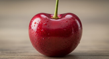 Single Ripe Cherry with Stem and Water Droplets on Wood Surface