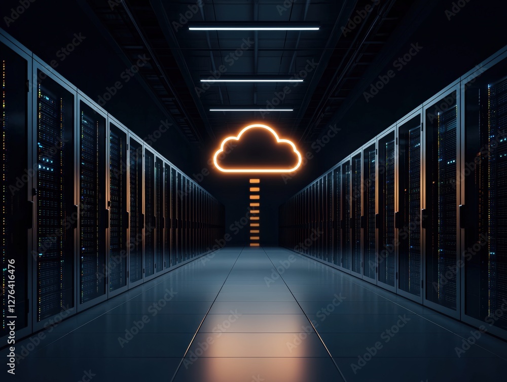 Poster data center with glowing cloud symbol and server racks.