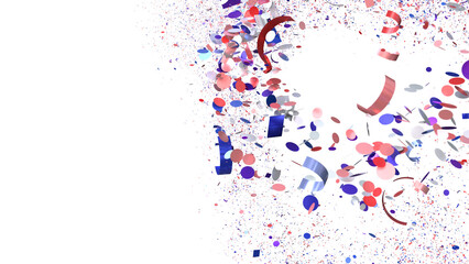 Red, blue, pink confetti explosion on white. Festive party background image.
