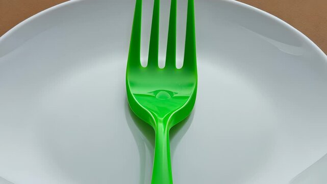Green plastic fork on white plate. Plate with green forks and white plate with fork. Table with a glare of dishes and a light on it. A white plate with a green plastic lifestyle fork.