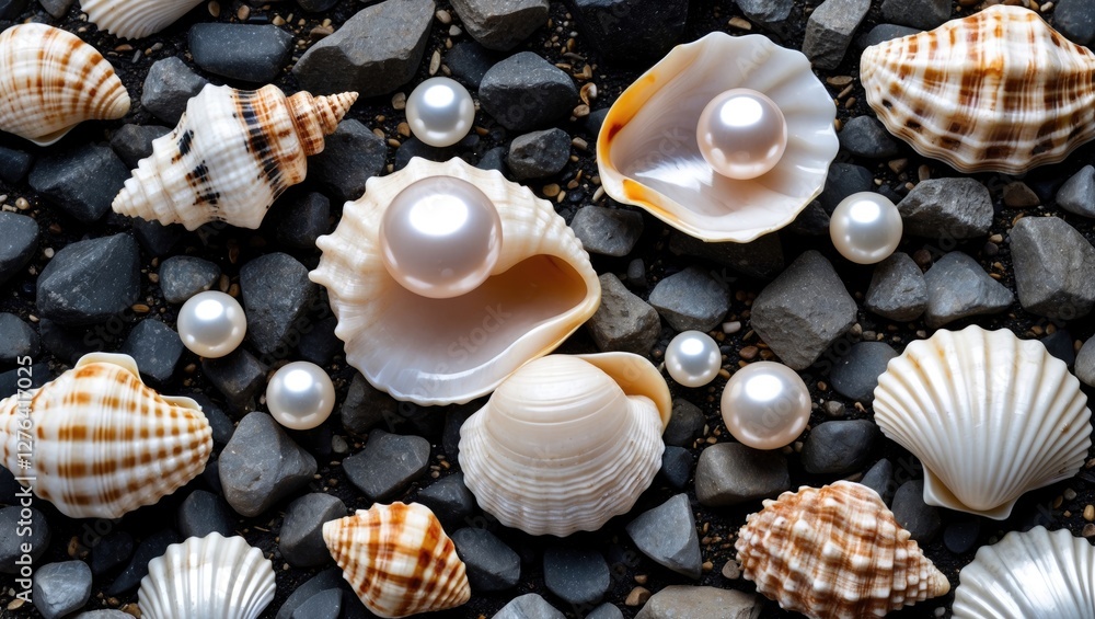 Poster close-up of various seashells and pearls arranged on dark pebbles creating a textured marine backgro