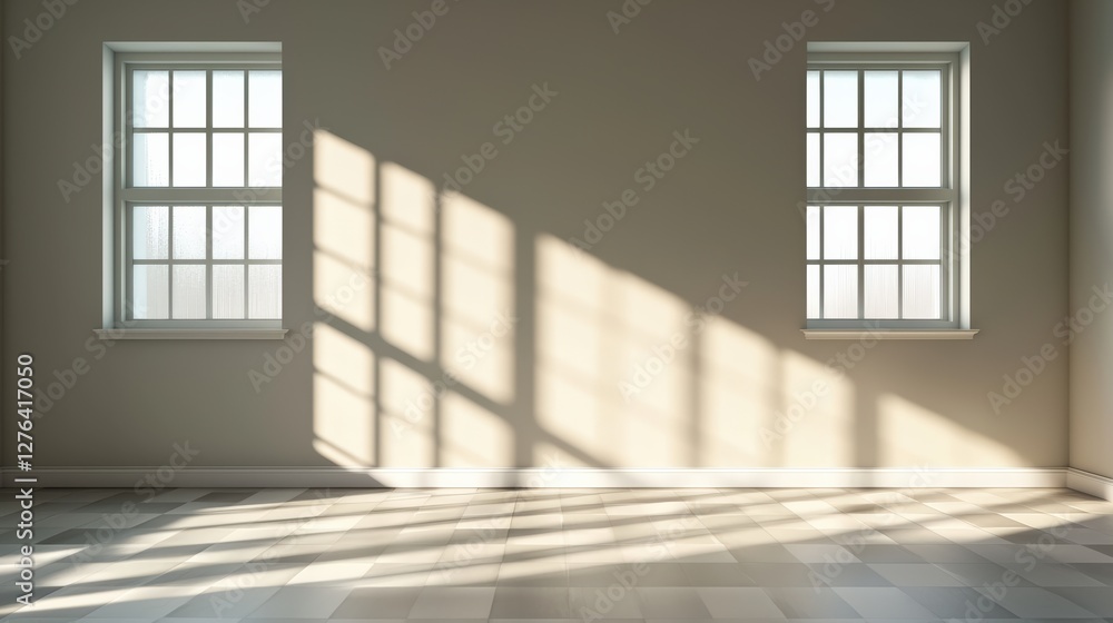Poster empty room with sunlight casting shadows through windows.