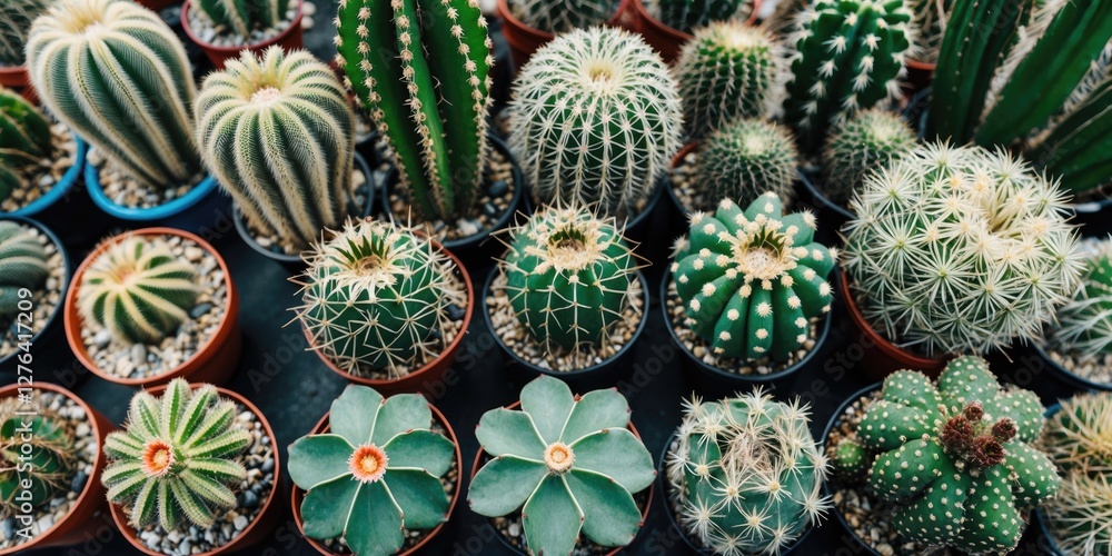 Poster collection of various cacti in colorful pots with distinct shapes and textures displayed on a dark s