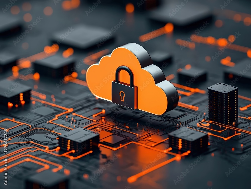 Poster cloud security concept with a padlock on a circuit board.