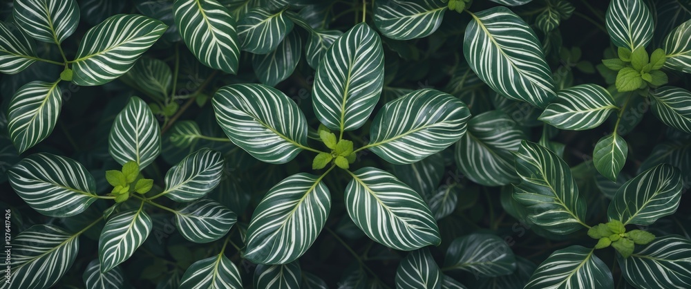 Poster green leaves with white stripes in a lush dense arrangement creating a natural background texture fo