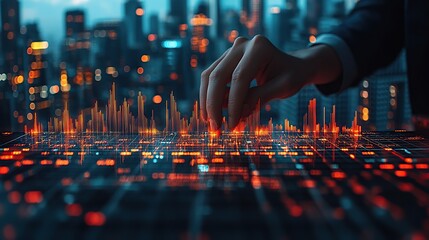 Business professional analyzing data trends on a digital interface with a city skyline at dusk