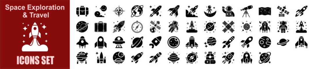 Space Exploration & Rocket Icons – Futuristic Missions, Astronaut Adventures, Cosmic Science, Interstellar Travel, and Space Technology Symbols