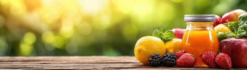 Delicious fresh fruits and a jar of orange juice on a wooden table, basking in warm sunlight. Ideal for health-related projects, cookbooks, or juice marketing.