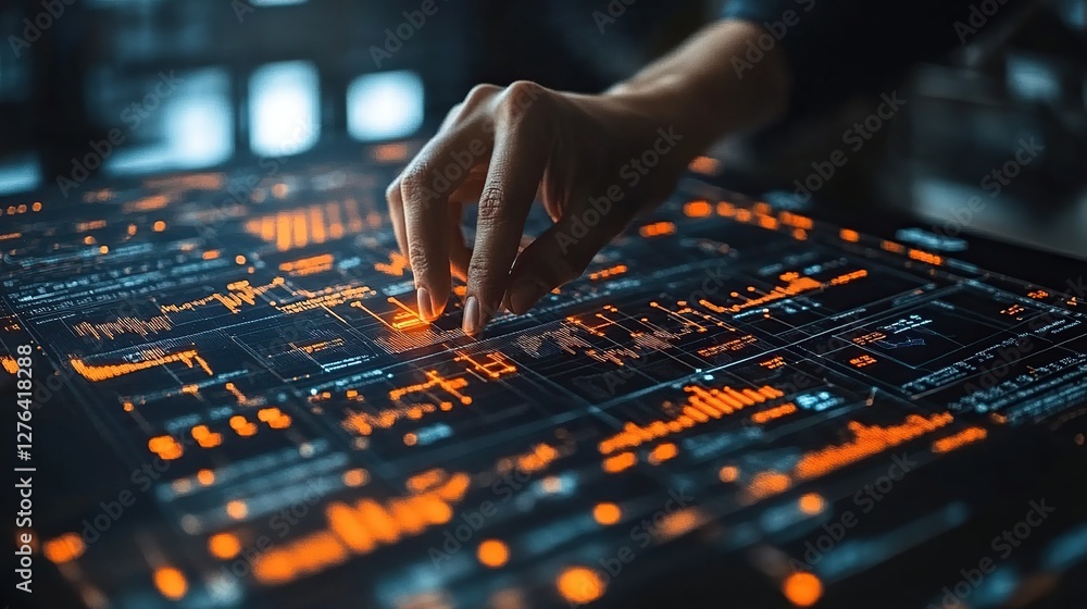 Poster close-up of a hand interacting with a futuristic digital interface displaying data analytics and gra