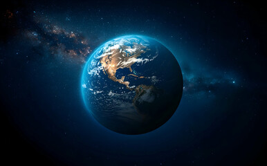 Fototapeta premium Hyper-realistic depiction of Earth against a dark starry sky with soft galactic glow