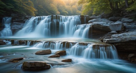 Waterfall landscape with flowing water over rocks during sunrise in a forest setting. Soft light illuminating the scene.