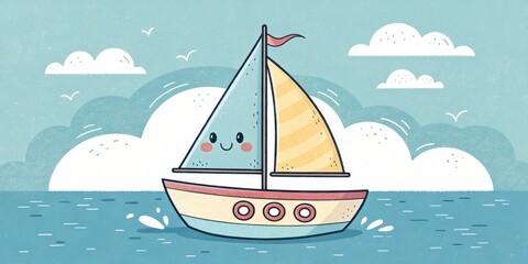 Naklejka premium Cute Cartoon Sailboat Illustration Flat Design, Nautical Concept, Happy Face, Ocean Background. Keywords Sailboat