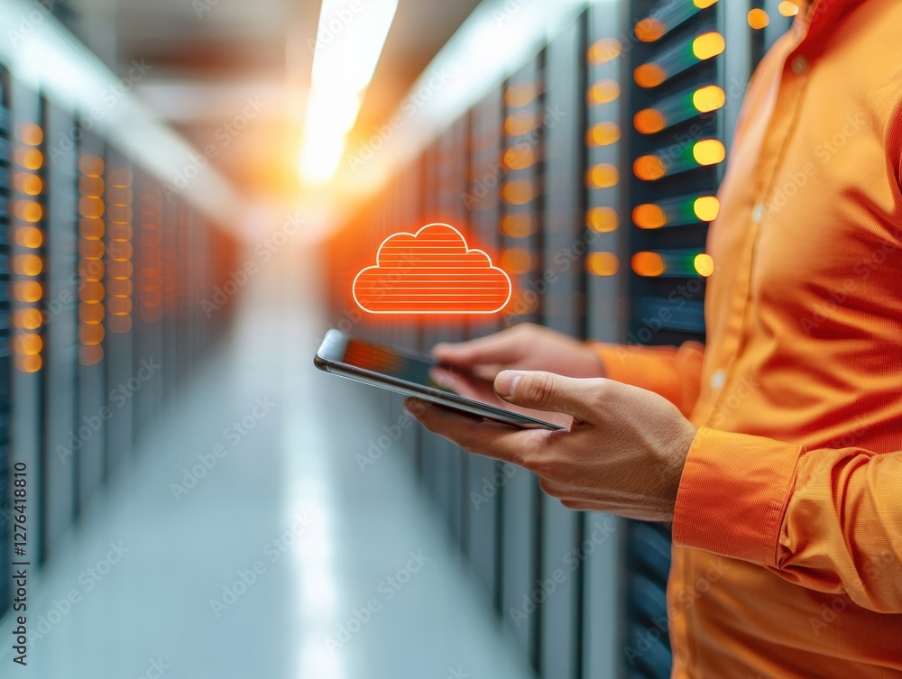 Poster tech professional with tablet in data center environment.