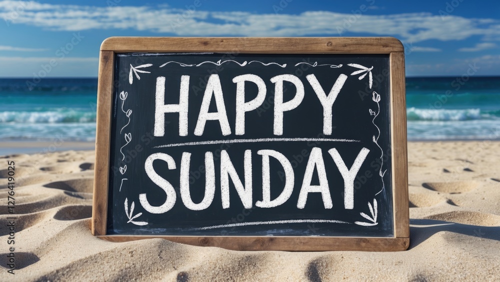 Aufkleber chalkboard sign displaying the message happy sunday on a beach with ocean and sky in the background