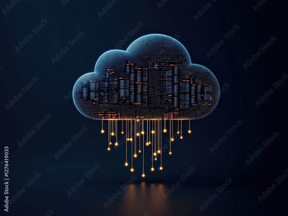 Poster digital cloud with data streams and glowing connections.