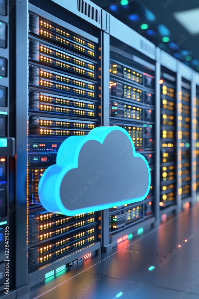 Poster cloud storage service with server racks in the background.