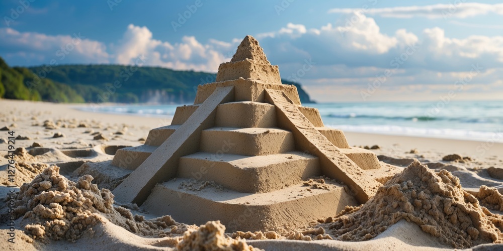 Poster sand pyramid structure on beach with ocean and cloudy sky background during daytime