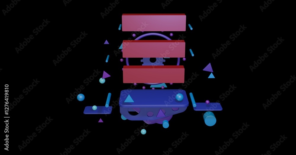 Poster red identity symbol on a pedestal of abstract geometric shapes floating in the air. abstract concept