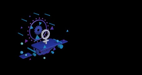 Obraz premium White venus symbol on a pedestal of abstract geometric shapes floating in the air. Abstract concept art with flying shapes on the left. 3d illustration on black background