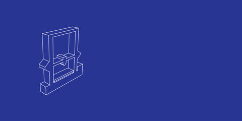 The outline of a large 3D printer symbol made of white lines on the left. 3D view of the object in perspective. Vector illustration on indigo background