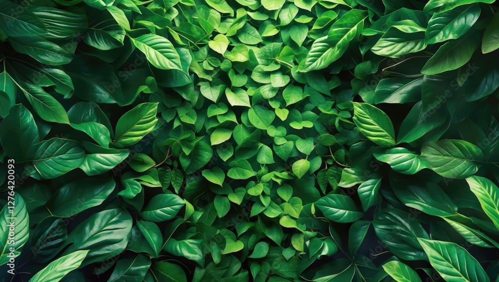 Aufkleber dense green foliage background with various types of leaves creating a vibrant natural texture and d