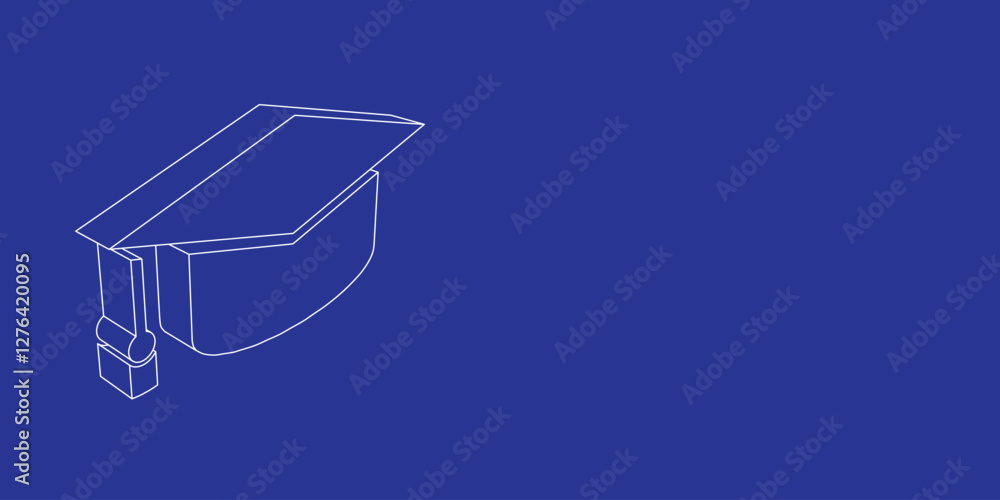 Poster the outline of a large square academic cap symbol made of white lines on the left. 3d view of the ob