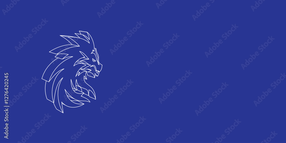 Poster the outline of a large dragon's head symbol made of white lines on the left. 3d view of the object i