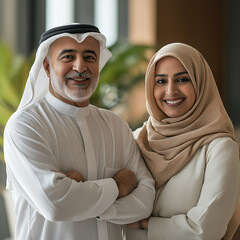 Arab business Saudi emirati kuwait qatar, vision, mission Arabian Gulf man woman couples in the traditional dress, teamwork, assistance and cooperation work, a company, work office, building, corporat