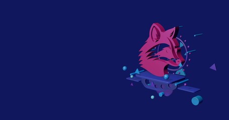 Pink raccoon head symbol on a pedestal of abstract geometric shapes floating in the air. Abstract concept art with flying shapes on the right. 3d illustration on indigo background