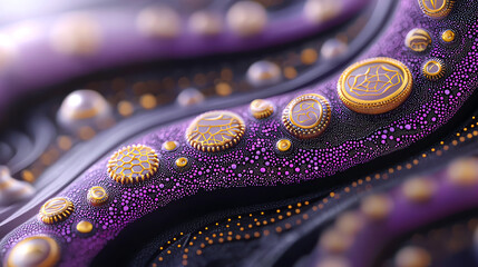 Obraz premium Intricate abstract design with golden orbs and purple swirls creating a mesmerizing visual experience