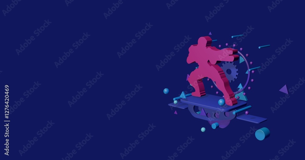 Aufkleber pink combat robot on a pedestal of abstract geometric shapes floating in the air. abstract concept a