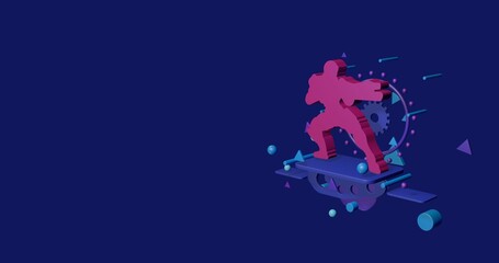 Obraz premium Pink combat robot on a pedestal of abstract geometric shapes floating in the air. Abstract concept art with flying shapes on the right. 3d illustration on indigo background