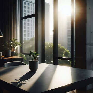 The slightly blurred image shows a sunlit room with large windows, a dark grey table in the foreground and a small potted plant to the right. 