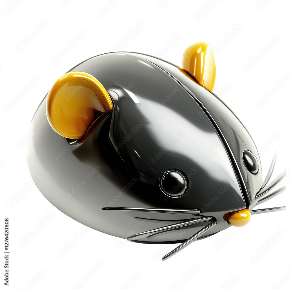 Poster a smooth black and yellow 3d mouse model with exaggerated features, showcasing a modern and playful 