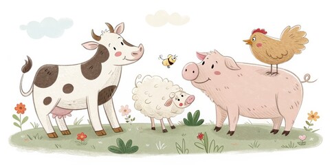 Farm Friends Digital Illustration of Cow, Pig, Sheep and Chicken, Pastel Colors, Childrens Book Style, Farm Animals Farm Illustration, Children's book