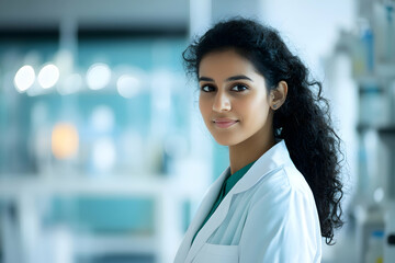 Fototapeta premium Indian scientist in a white lab coat standing confidently in a research facility