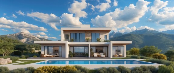 Fototapeta premium Modern architecture luxury villa with large windows and swimming pool in a scenic mountainous landscape under a bright blue sky.
